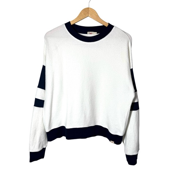 Faherty Beach Fleece Ringer Sweatshirt Top Women Navy/White Organic Cotton Large - Picture 2 of 10